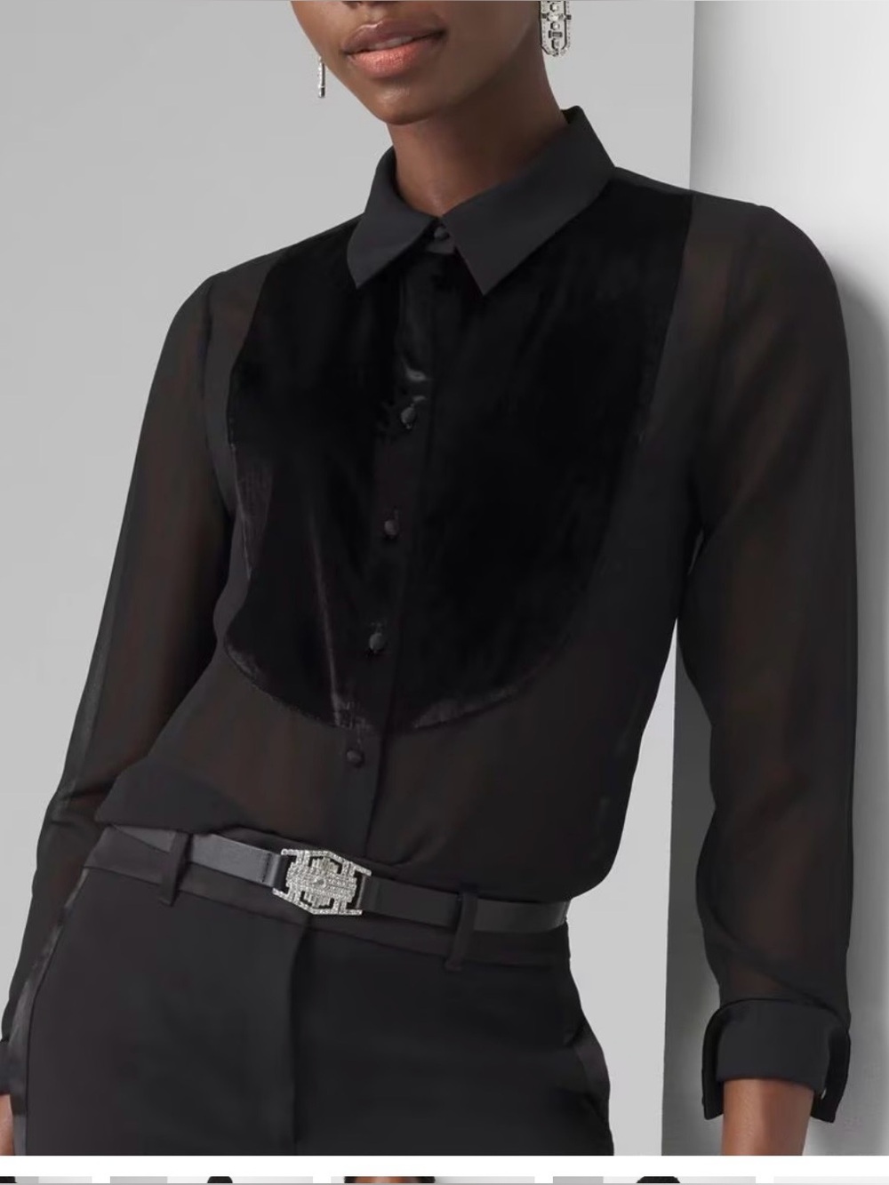 White House Black Market Black Sheer Button-Front Shirt with Velvet Bib